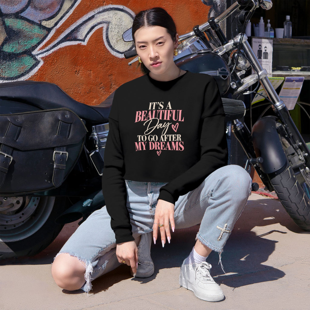 Cropped Sweatshirt — "It's a Beautiful Day to Go After My Dreams" Motivational Pink Crop