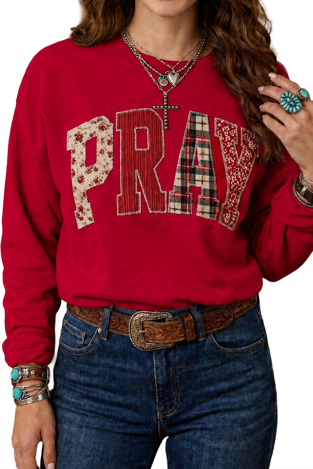 Coffee Floral Buffalo Plaid Striped Embroidered Patch Western Pullover Sweatshirt